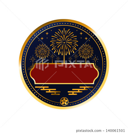 Japanese-style frame with fireworks and lanterns, gold and navy blue circular badge, vector graphic. Japanese-style frame with fireworks and lanterns, gold and navy blue circular badge, vector graphic. 140061501