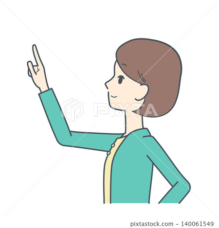一位年輕女子側身向上指的插圖；上半身。 140061549