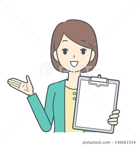 An illustration of a young woman in a yellow dress showing a clipboard while talking; upper body only. An illustration of a young woman in a yellow dress showing a clipboard while talking; upper body only. 140061554