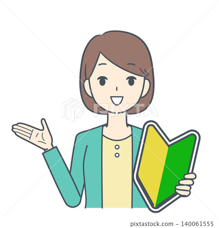 An illustration of a young woman in a yellow dress showing a beginner driver's sticker and talking (upper body only). An illustration of a young woman in a yellow dress showing a beginner driver's sticker and talking (upper body only). 140061555