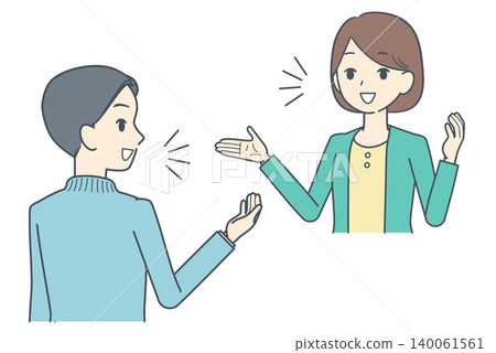 一幅年輕男子和女子交談的插圖，僅顯示上半身。 140061561