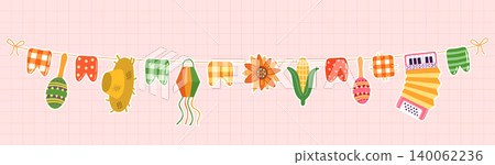 Festa Junina vector garland bunting with lantern, corn, sunflower, accordion, Brazilian folk festival banner, Colorful festive June celebration party poster design Festa Junina vector garland bunting with lantern, corn, sunflower, accordion, Brazilian folk festival banner, Colorful festive June celebration party poster design 140062236