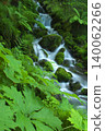 A tiered waterfall surrounded by lush greenery 140062266
