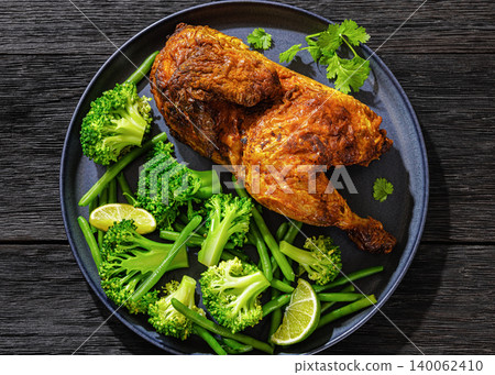 Grilled Half Chicken With Green Beans And Broccoli Grilled Half Chicken With Green Beans And Broccoli 140062410