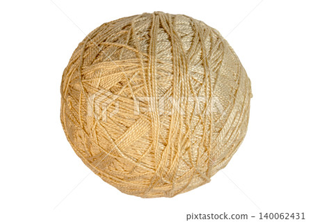 Large spherical ball of beige yarn wound with textured fibers 140062431