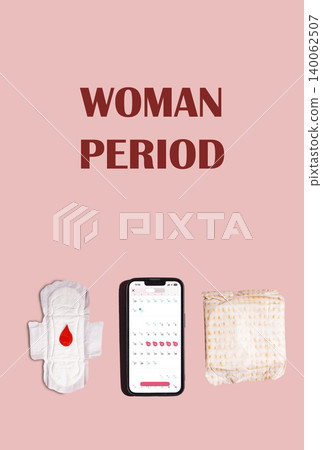 Smartphone with woman menstrual period calendar on pink background. Modern technologies for women 140062507