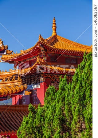 Wen Wu Temple roofline with cypress trees Wen Wu Temple roofline with cypress trees 140062567
