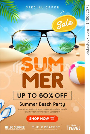 Summer Sale poster design, Sunglasses on sea beach background Summer Sale poster design, Sunglasses on sea beach background 140062575
