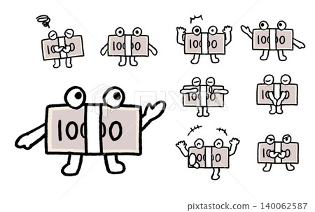 Cute character illustration of a stack of Japanese yen bills 140062587