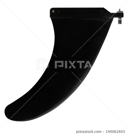 Black detachable fin for inflatable SUP board isolated on white background. Stand up paddleboard center fin with mounting screw, studio shot. Black detachable fin for inflatable SUP board isolated on white background. Stand up paddleboard center fin with mounting screw, studio shot. 140062603