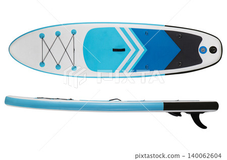 Horizontal view of inflatable SUP board top and side view isolated on white background. Blue stand up paddleboard for summer banner. Horizontal view of inflatable SUP board top and side view isolated on white background. Blue stand up paddleboard for summer banner. 140062604
