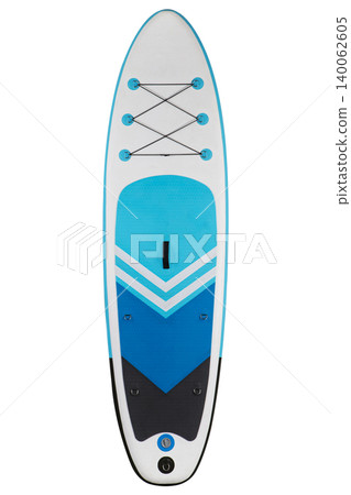 Blue and white inflatable stand up paddleboard isolated on white background. Modern SUP board with bungee cargo cords, top view. Blue and white inflatable stand up paddleboard isolated on white background. Modern SUP board with bungee cargo cords, top view. 140062605