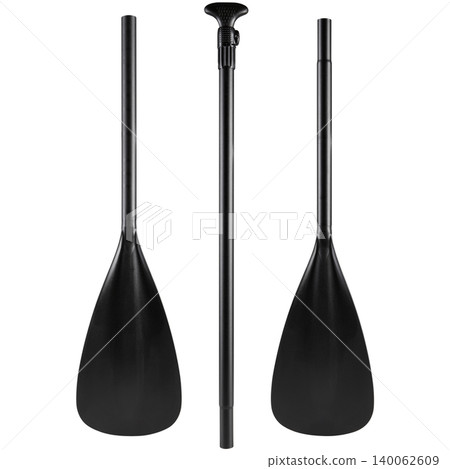 Black dual purpose 4-piece SUP paddle isolated on white background. Convertible stand up paddleboard and kayak oar components, studio shot. Black dual purpose 4-piece SUP paddle isolated on white background. Convertible stand up paddleboard and kayak oar components, studio shot. 140062609