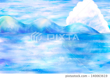 手繪的海洋、山脈和積雨雲的風景畫。 手繪的海洋、山脈和積雨雲的風景畫。 140063619