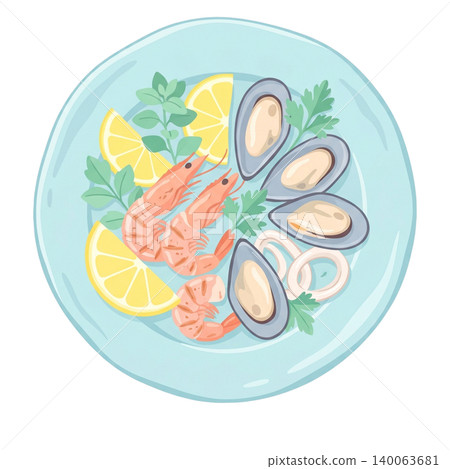 Mediterranean Seafood Plate with Shrimp Mussels and Lemon Isolated on Transparent Background Mediterranean Seafood Plate with Shrimp Mussels and Lemon Isolated on Transparent Background 140063681