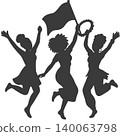 Joyful women celebrating freedom, unity, resilience, and cultural pride with raised hands and waving flag. 140063798