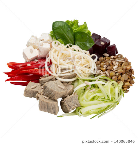 Healthy buddha bowl salad isolated on white background. Balanced diet meal with boiled beef cubes, lentils, feta cheese, beetroot and vegetable noodles. Healthy buddha bowl salad isolated on white background. Balanced diet meal with boiled beef cubes, lentils, feta cheese, beetroot and vegetable noodles. 140063846