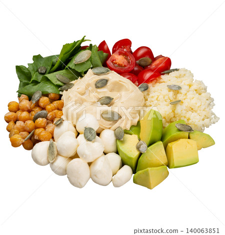 Healthy vegetarian buddha bowl isolated on white background. Balanced diet meal with hummus, couscous, chickpeas, avocado, mozzarella and cherry tomatoes. Healthy vegetarian buddha bowl isolated on white background. Balanced diet meal with hummus, couscous, chickpeas, avocado, mozzarella and cherry tomatoes. 140063851