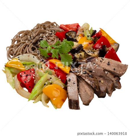 Healthy asian buddha bowl isolated on white background. Balanced diet meal with grilled beef slices, soba noodles, stir-fried bell pepper, eggplant and sesame seeds. 140063918