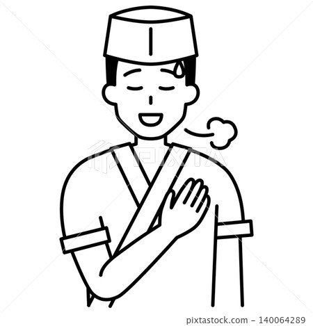 A male waiter at a Japanese restaurant puts his hand on his chest and looks relieved. A male waiter at a Japanese restaurant puts his hand on his chest and looks relieved. 140064289
