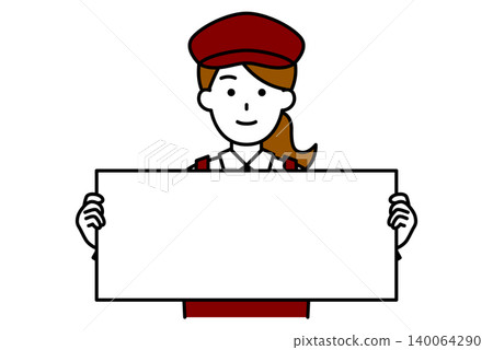 A female employee at a cafe with a long, horizontal sign. A female employee at a cafe with a long, horizontal sign. 140064290