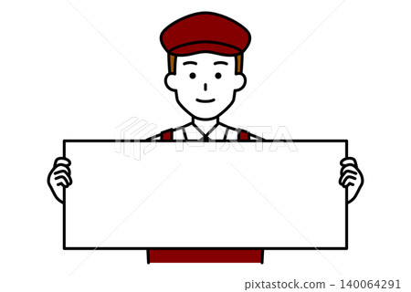 A male employee at a cafe with a horizontal sign. A male employee at a cafe with a horizontal sign. 140064291