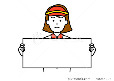 A female employee at a fast-food restaurant with a horizontal sign. A female employee at a fast-food restaurant with a horizontal sign. 140064292