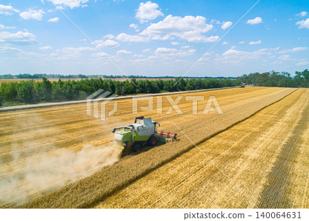 Aerial view of combine harvester harvesting wheat in a field on a sunny day Aerial view of combine harvester harvesting wheat in a field on a sunny day 140064631