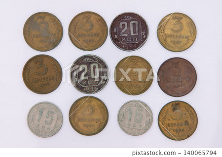 Collection of old Soviet Union coins. Vintage USSR kopeks numismatics set on a white background 140065794