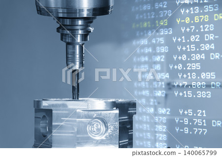 Abstract industrial technology background featuring a 5-axis CNC milling machine cutting automotive parts overlaid with G-code programming data in a blue tone. Abstract industrial technology background featuring a 5-axis CNC milling machine cutting automotive parts overlaid with G-code programming data in a blue tone. 140065799
