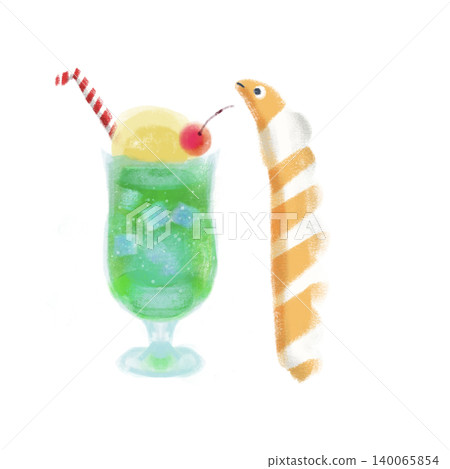 白色背景上的可愛夏季插圖，描繪了奶油蘇打水和花園鰻魚。 140065854