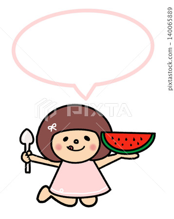 A speech bubble of a refined girl with a bob haircut eating watermelon with a spoon. A speech bubble of a refined girl with a bob haircut eating watermelon with a spoon. 140065889