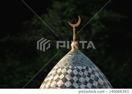 Golden crescent gleams atop domed structure Golden crescent gleams atop domed structure 140066363