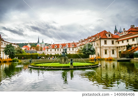 Wallenstein Garden pond with bronze sculptures and Prague Castle in background, Prague, Czech Republic Wallenstein Garden pond with bronze sculptures and Prague Castle in background, Prague, Czech Republic 140066406