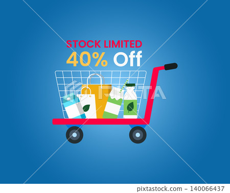 Shopping cart with groceries and 40 percent off discount sign, shopping Shopping cart with groceries and 40 percent off discount sign, shopping 140066437