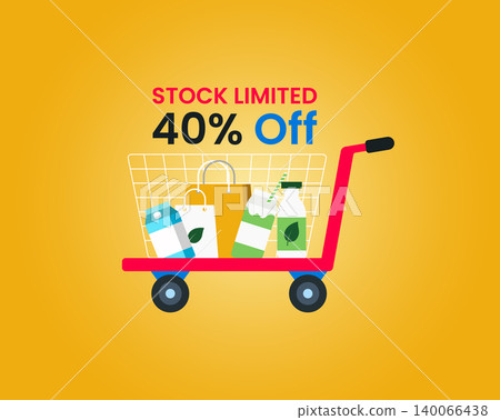 Shopping cart with groceries offering 40 percent off sale shopping discount Shopping cart with groceries offering 40 percent off sale shopping discount 140066438