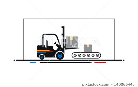 Forklift loading cardboard boxes onto a warehouse conveyor belt with forklift Forklift loading cardboard boxes onto a warehouse conveyor belt with forklift 140066443
