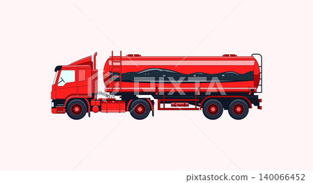 Red fuel tanker truck side view with transport delivery commercial shipping Red fuel tanker truck side view with transport delivery commercial shipping 140066452