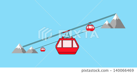 Red cable car gondola lift over snowy mountains icon with mountain, transportati Red cable car gondola lift over snowy mountains icon with mountain, transportati 140066469