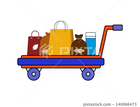 Cartoon flatbed cart filled with shopping bags and liquid bottles, shopping Cartoon flatbed cart filled with shopping bags and liquid bottles, shopping 140066473