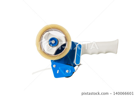 Blue and white packaging tape dispenser gun with a roll of clear adhesive tape, isolated on white background. 140066601