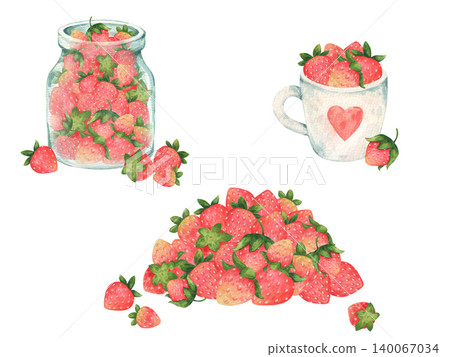 A set of three illustrations. A handful of strawberries; a cup full of strawberries; a jar filled with strawberries. Summer garden strawberries or wild forest berries. In a cartoon or children style 140067034