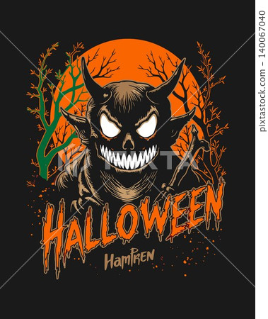 Halloween Horror Devil Monster Illustration with Creepy Smile Orange Moon Dark Forest Background Vector T Shirt Design Halloween Horror Devil Monster Illustration with Creepy Smile Orange Moon Dark Forest Background Vector T Shirt Design 140067040