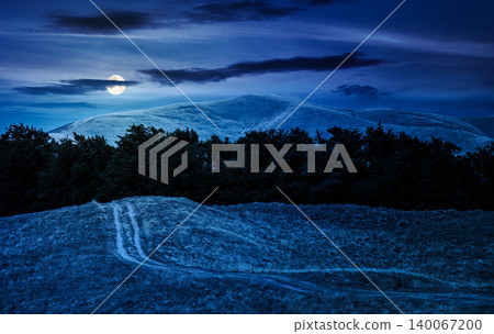 dirt road through grassy hills at night. full moon over mountain landscape with beech forest along the path. mysterious countryside. late summer scenery with primeval woods on hillside dirt road through grassy hills at night. full moon over mountain landscape with beech forest along the path. mysterious countryside. late summer scenery with primeval woods on hillside 140067200