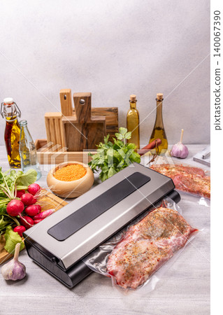 Vacuum sealer preparing food for preservation and cooking Vacuum sealer preparing food for preservation and cooking 140067390