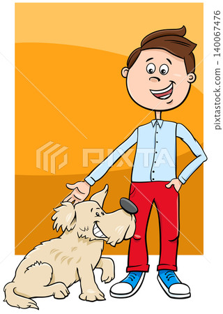 kid boy with cute beige dog cartoon illustration kid boy with cute beige dog cartoon illustration 140067476
