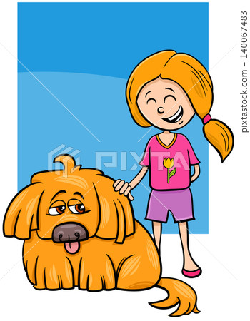 little girl with yellow shaggy dog cartoon illustration 140067483
