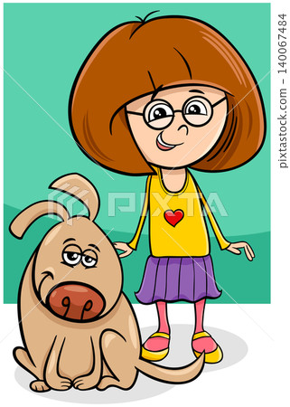 little cartoon girl with funny beige dog 140067484