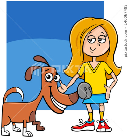 kid or teen girl with funny spotted dog cartoon illustration 140067485