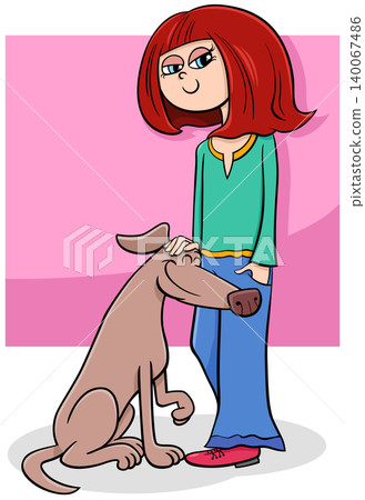 funny cartoon teen girl with dog character funny cartoon teen girl with dog character 140067486